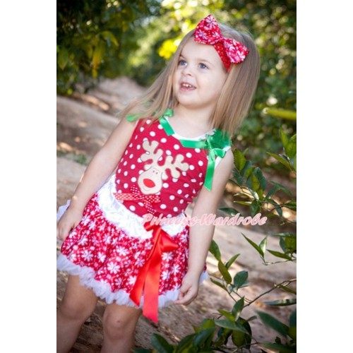 Xmas Minnie Dots Tank Top with Christmas Reindeer Print & Minnie Dots Bow with Kelly Green Ruffles & Kelly Green Bow & Red Snowflakes Pettiskirt MH129 